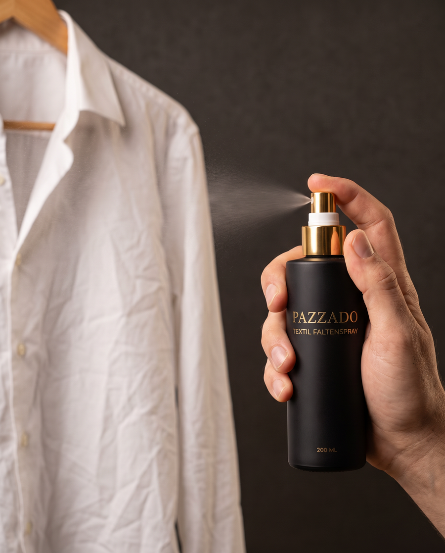 Eine Hand sprüht PAZZADO Textil-Faltenspray auf ein weisses Hemd am Bügel — Hemd glätten ohne Bügeleisen.